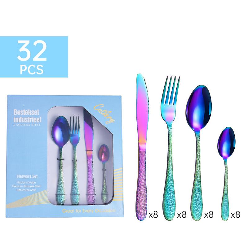 Stainless Steel Tableware 32-Piece Set Water Cube Four Main Pieces Steak Knife, Fork and Spoon