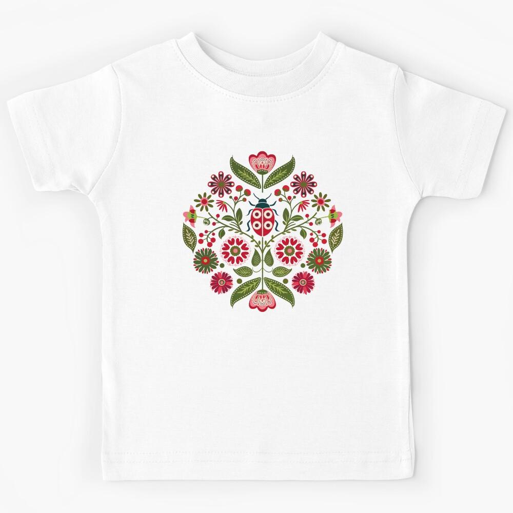 Scandinavian Folk Art, Ladybug With Flowers Kids T-Shirt 160