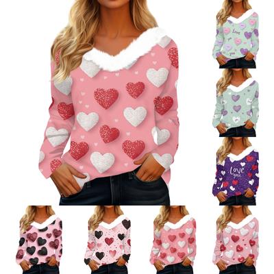 Damen Valentinstag Bedrucktes Langarmshirt, V-Ausschnitt, Lässiges Locker sitzendes T-Shirt Oberteil