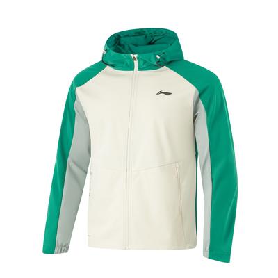 Giacca da uomo Li Ning Serie Corsa Resistente all'Acqua con Cappuccio e Logo Manica Lunga Giacca Bianco Sporco Verde Pietra Verde Grigio AFDU351-7