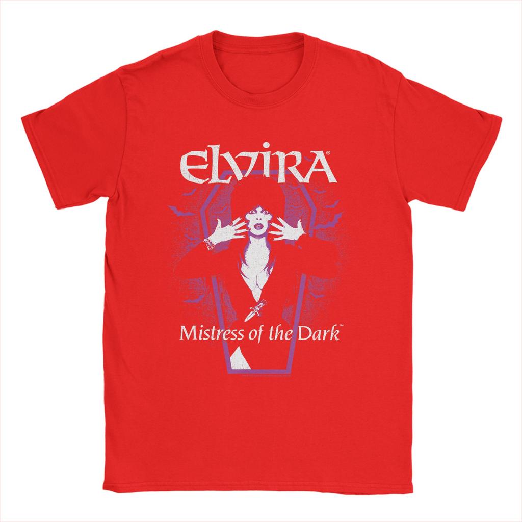 Elvira Dark Purple Bats and Coffin TShirt for Unisex Round Collar Short Sleeve T Shirts Big Size Clothing