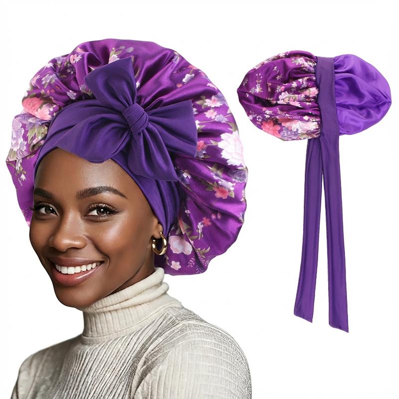 New Satin Double Layer Bonnet Print Wide Tie Band Stretch Head Silky Bonnet Edge Wrap Nightcap Hair Care Shower Bonnet for Women One Size фиолетовый