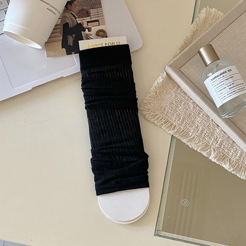 Miu Style Women's Spring-Summer Thin Korean Slouch Socks, Vertical Stripe, Solid Color, Versatile Slimming Leg Sleeves