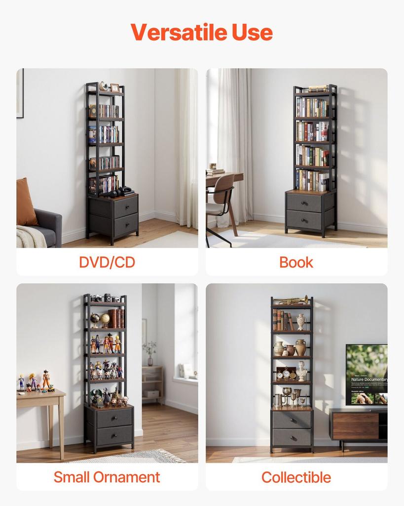 Media Storage Cabinet, 4-Shelf DVD Shelf Organizer with Drawers, 40 X 30 X 143.5 Cm Multimedia Storage Organizer for CDs, DVDs, Books and Games, CD