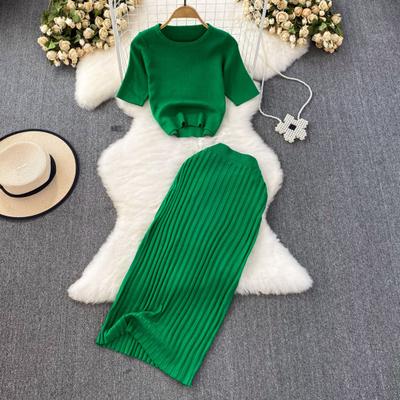 Women's Summer Skirt Set Short Sleeve Crew Neck Crop Top And High Waist Maxi Skirt Set Knitted Two Piece Outfit