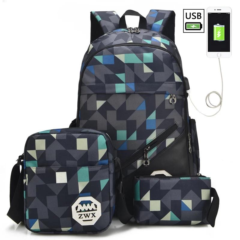 3 pcs /set USB Male backpack high school bags for women travel men school backpacks boys one student shoulder bag sac mochila