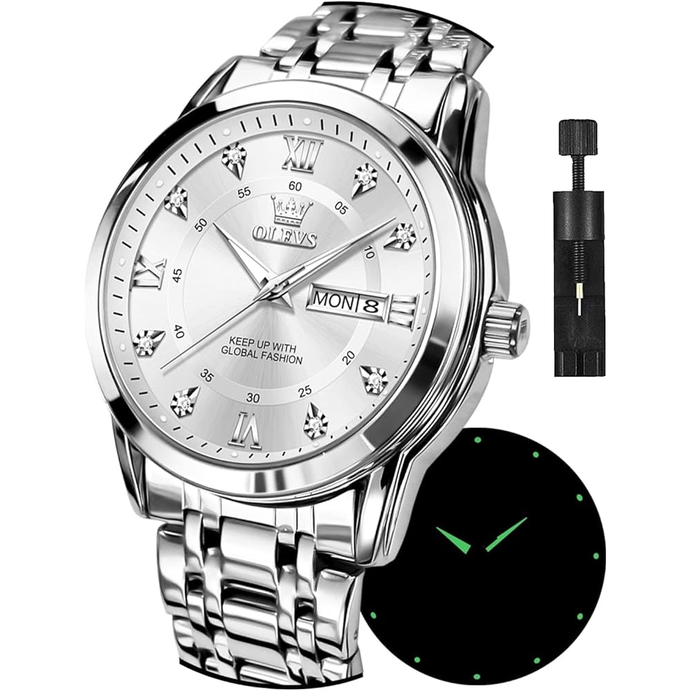OLEVS Men s Quartz Watch Silver Stainless Steel Waterproof Calendar Stylish Design