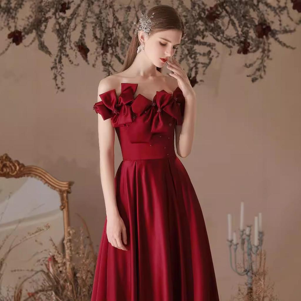 Rochie de seară one-word shoulder toast 1011 nouă, de banchet, culoarea vinului, rochie lungă în stil străin, mireasă, nuntă, logodnă