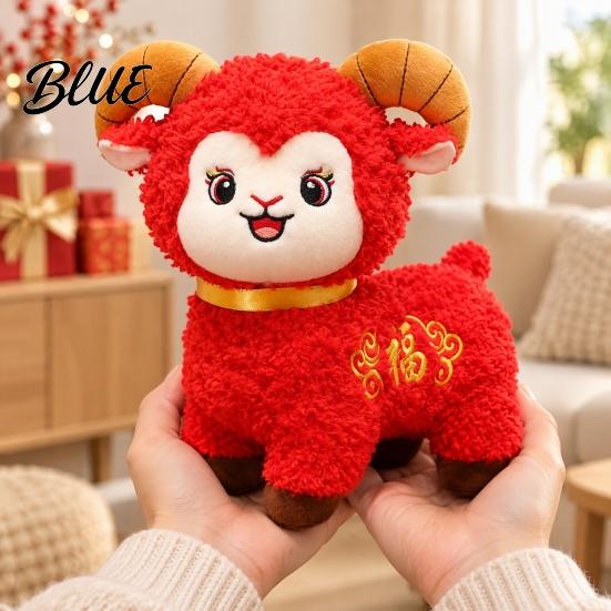 Three Dimensional Horn Toy Lucky Sheep Plush Toy Chinese New Year Zodiac Mascot with Fu Cute Collectible Embroidery Red Curly Fur Doll for