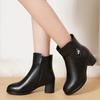 Botines de mujer de moda de otoño e invierno con tacón grueso y tacón medio de color liso con cremallera lateral negra y botas de cuero para mujer con encaje