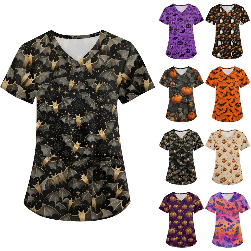 Women's Printing Uniform Work Uniform V-neck Pockets Basic Short Sleeve Pullover Top