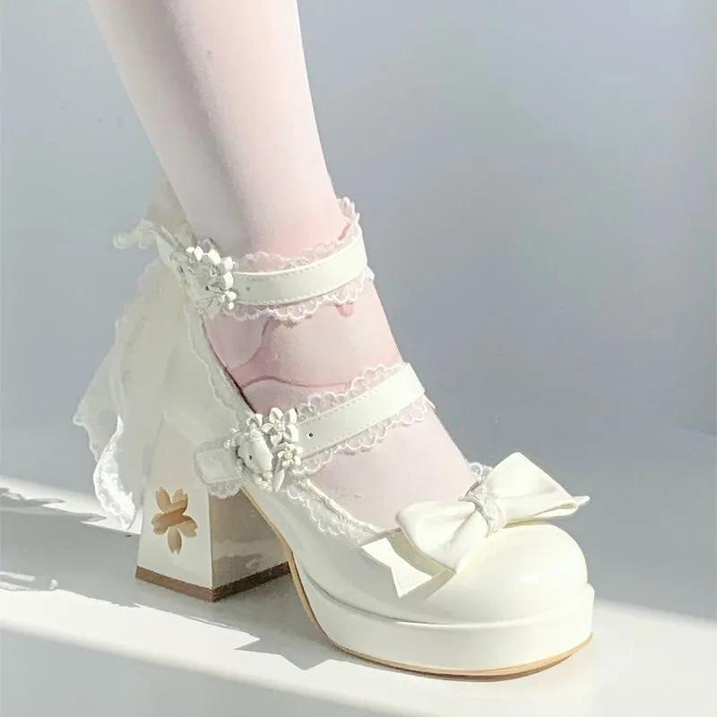 Adorabili Scarpe con Tacco Alto e Plateau Rosa Lolita con Fiocco a Farfalla per Ragazze e Donne, Carini Mary Jane con Abito Sakura