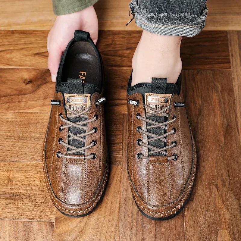Shoes for Men Leather Casual Handmade Shoes Outdoor Hiking Sneakers Men Breathable Lace Up Sport Mens Shoes