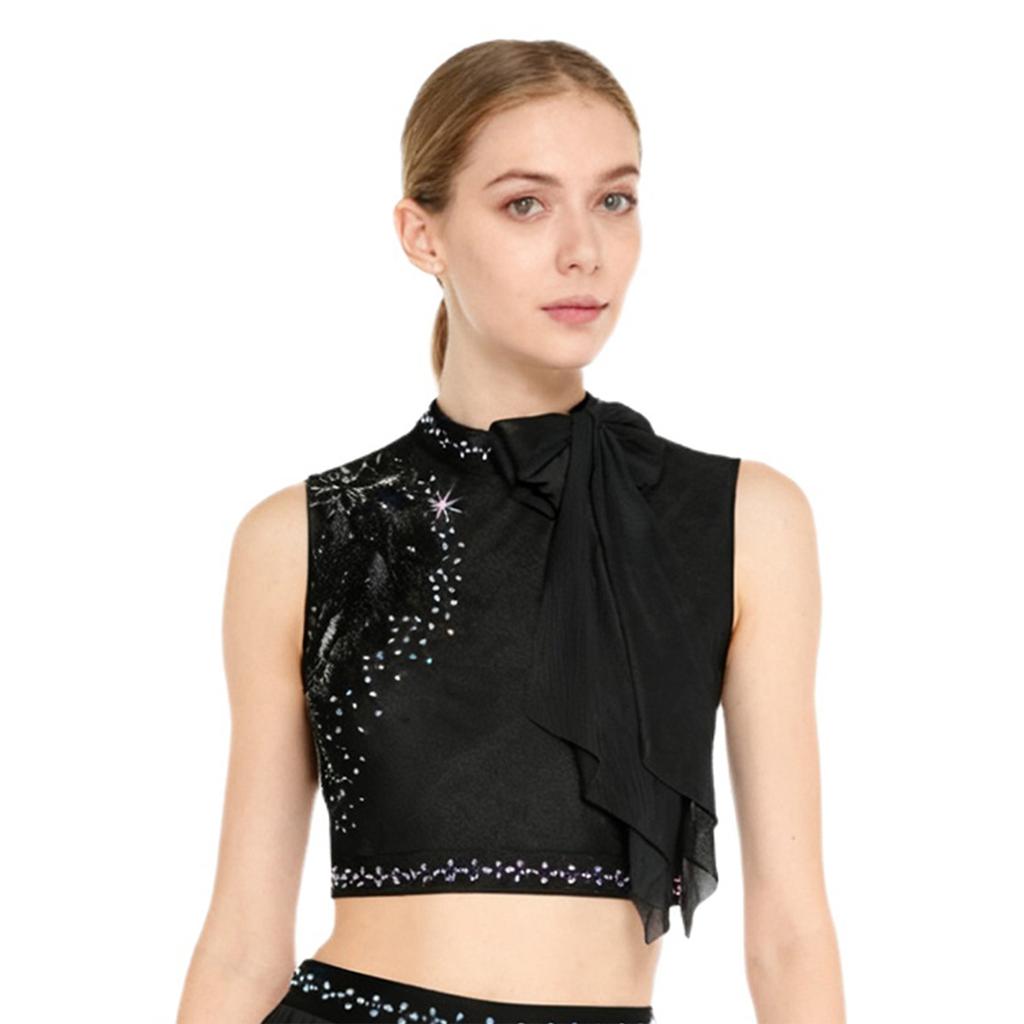 Womens Modern Dance Crop Top Sequin Embroidery Bow Decor Sleeveless Back Hollow Out Dancewear