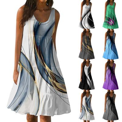 Women's Summer Fashion Sleeveless  Printed Loose Splicing Casual Beach Dress