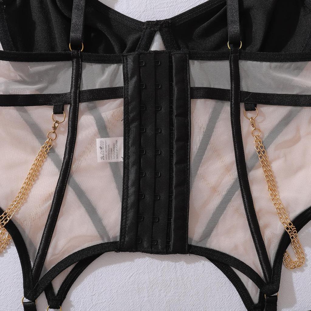 Damen Sexy Dessous-Set, Mit Metallkette Verziert, Durchsichtiges Netz Slim Fit Outfit Mit Strümpfen