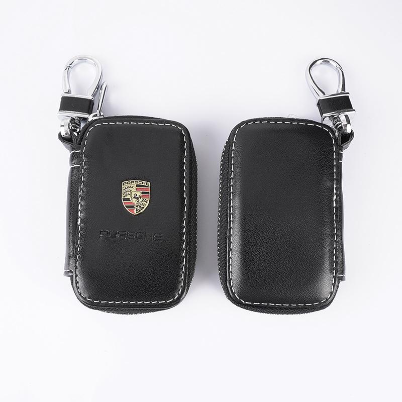 BMGB9 3D Metall+Leder Auto Geldbörse Schlüsseltasche Multifunktions Schlüsseletui Für Porsche Cayenne Panamera Macan Boxster Cayman 718 911 Aufkleber