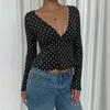 Polka dot V-neck waist long-sleeved T-shirt for women's light and mature temperament Spice girls slim and thin bottoming tops