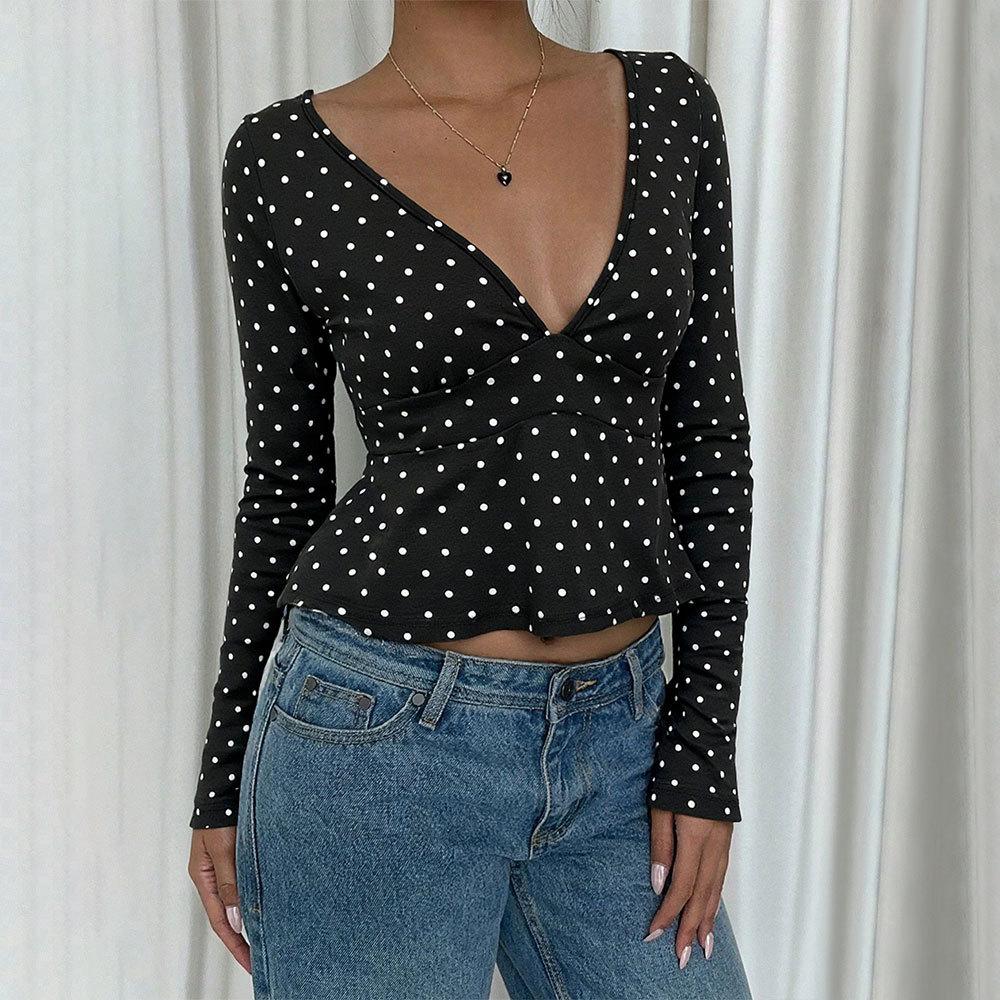Polka dot V-neck waist long-sleeved T-shirt for women's light and mature temperament Spice girls slim and thin bottoming tops