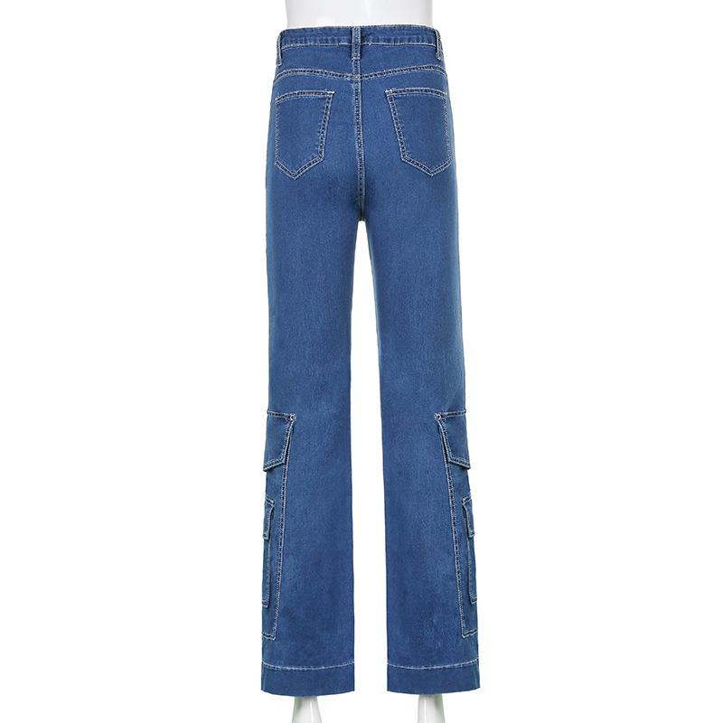 New Street Hip-hop Tooling Big Pocket Jeans Women High Waist Straight Trousers