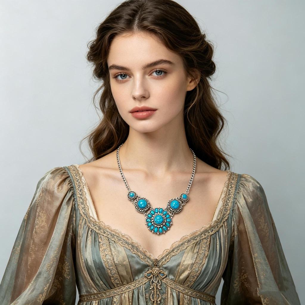 Bohemian Vintage Sunflower Necklace Luxury Blue Turquoise Necklace Vintage Ethnic Style Necklace