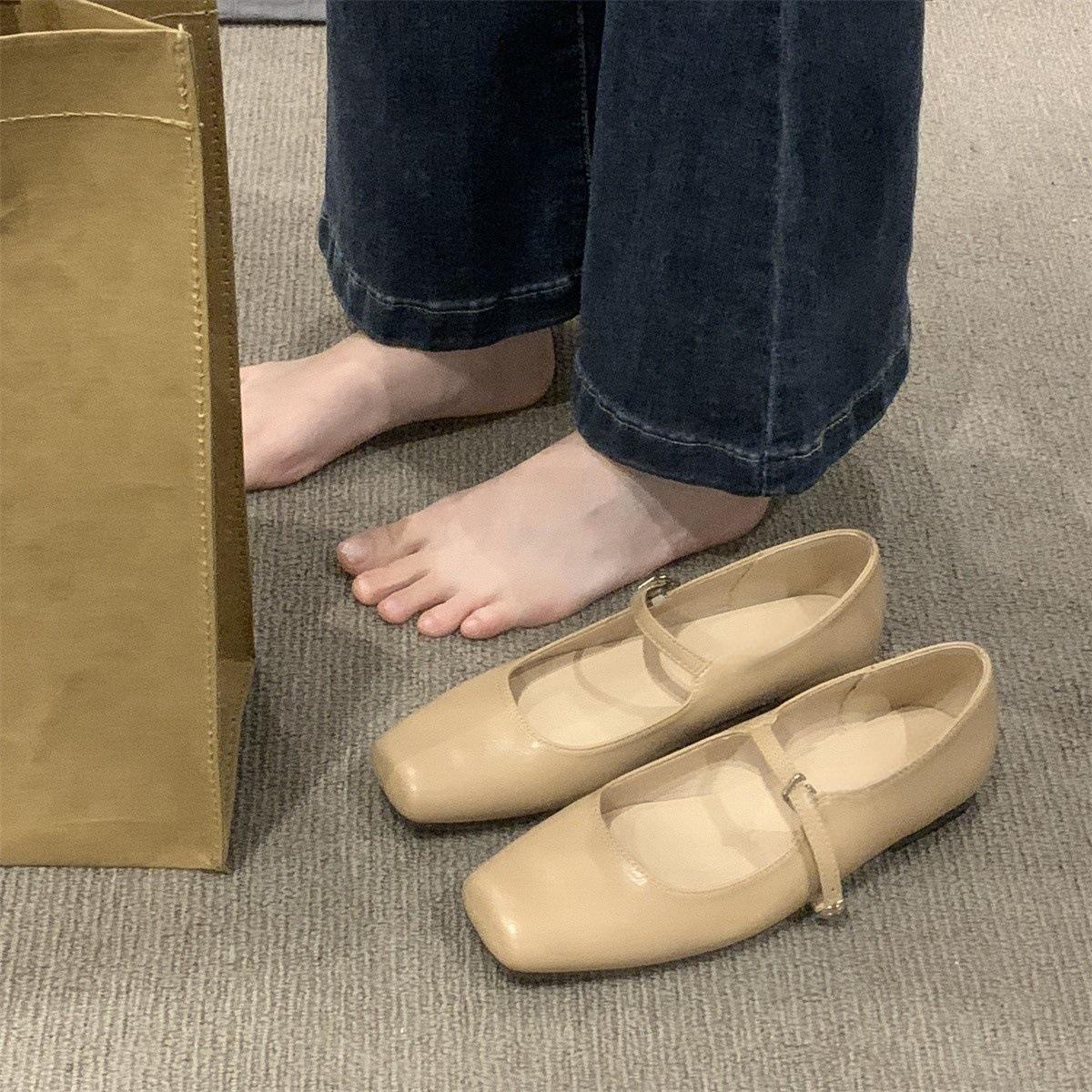 

Французские туфли Мэри Джейн, женская обувь, весна и осень 2025, новые туфли с плоским дном, квадратной головкой, неглубоким горлом, с темпераментом, одинарные туфли 35 абрикосовый