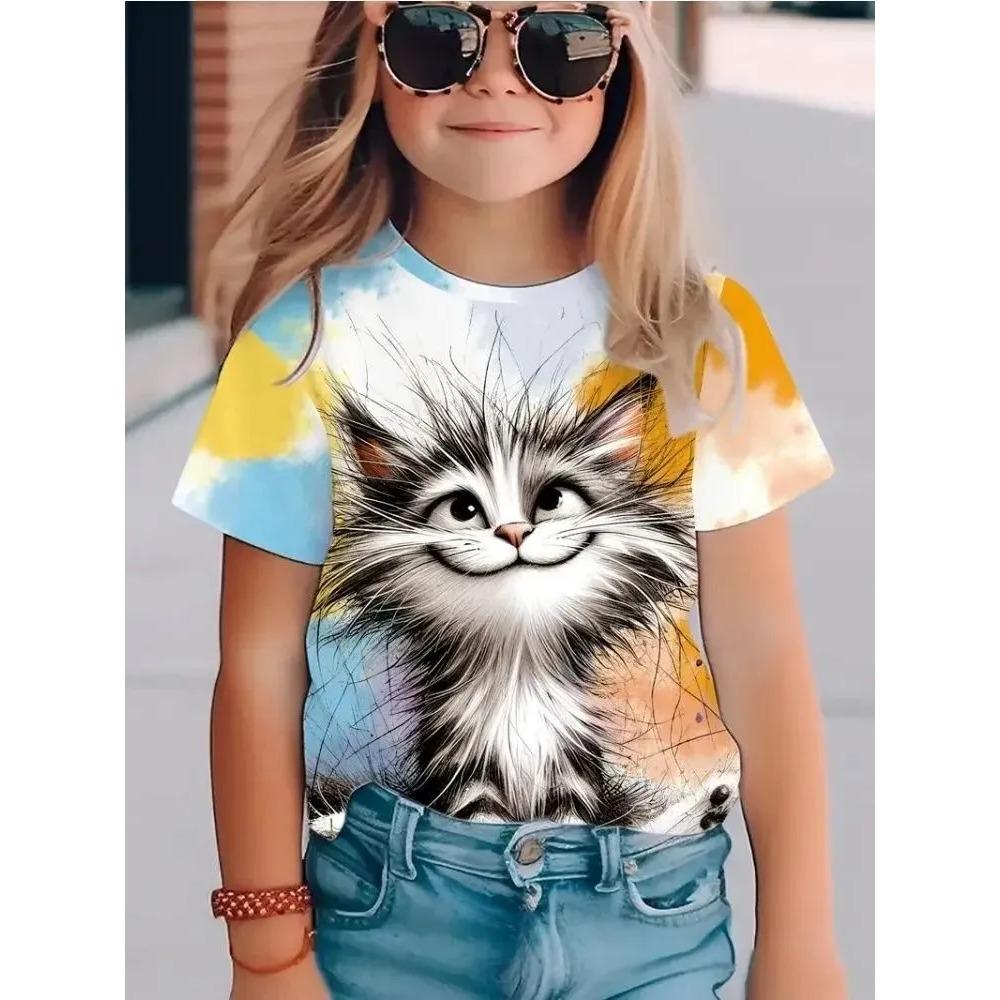 Fashionable Summer Children's Top Creative Colorful Cute Animal 3D Printed T-shirt Girls Comfortable Soft Breathable Short Sleeves T-shirt