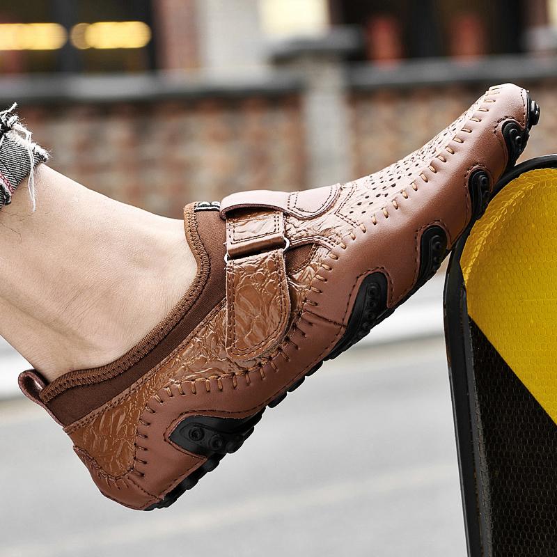 Men's Leather Crocodile Patterned Bean Shoes Hollow Breathable Large Size Octopus Shoes Brand Full Grain Leather Men Dress Shoes