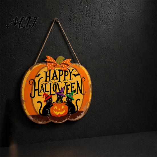 Outdoor Door Hanger Happy Halloween Sign, Spooky Wooden Pumpkin Front Waterproof Sign for Farmhouse Porch Wall Hanging Decor Wreath Alternative