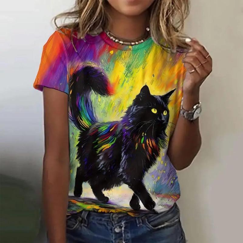 Summer O-Neck Short Sleeve Women's T-Shirt 3d Printed Black Cat Pattern T-Shirt Pullover Top Fashion Street Female Clothing 2024