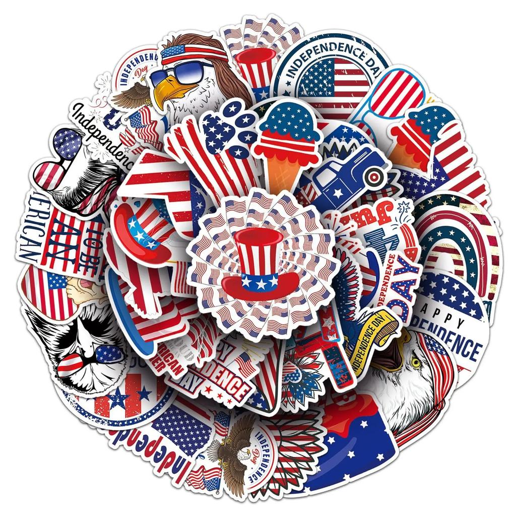 50 Pcs America Independence Day Waterproof Stickers Creative Graffiti Notebook Refrigerator Bicycle Decoration Sitcker Toys