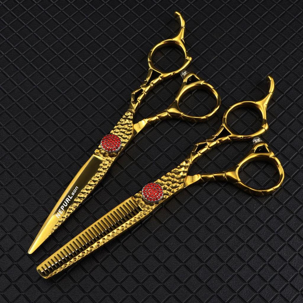 FMX-21 Gold Pattern 6.0-Inch Hairdressing Scissors: Straight, Serrated, and Thinning Shears