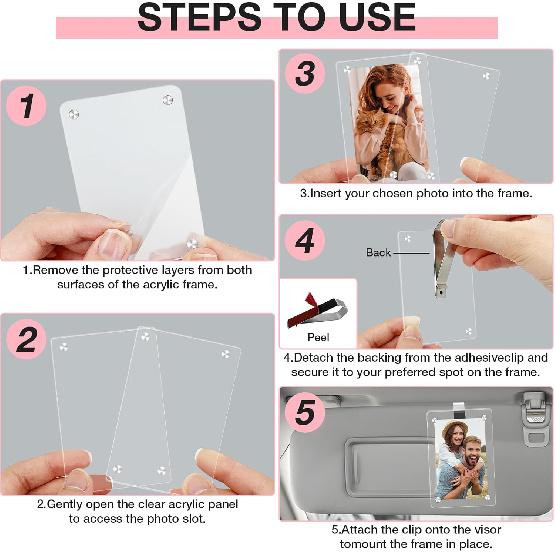 2Pcs Car Picture Holder, Magnetic Car Photo Holder, Car Visor Photo Clip For 3 Inch Photos, Personalized Acrylic Visor Clip For Drive Safe