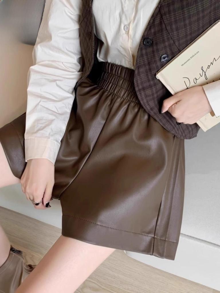 Short large taille haute en cuir PU automne/hiver 2023 – Style décontracté coréen