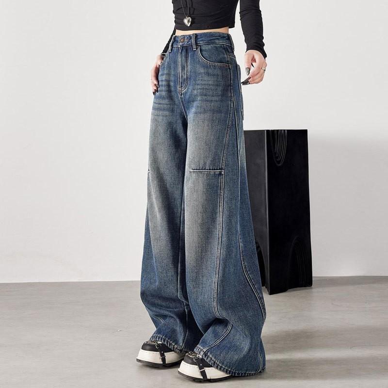 High-Waisted Wide Leg Jeans Women Plus Size Relaxed Fit Cropped Flare Denim Pants Vintage Washed Blue Small