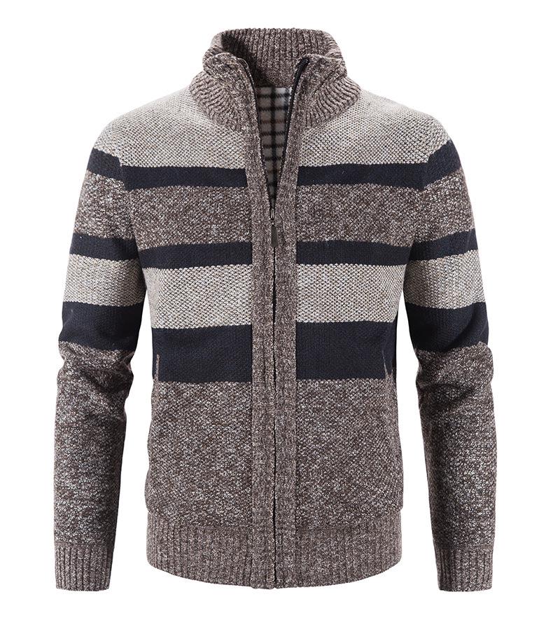 2024 Men's Stand Collar Color Block Plus Velvet Thick Sweater Jacket, Autumn/Winter Collection