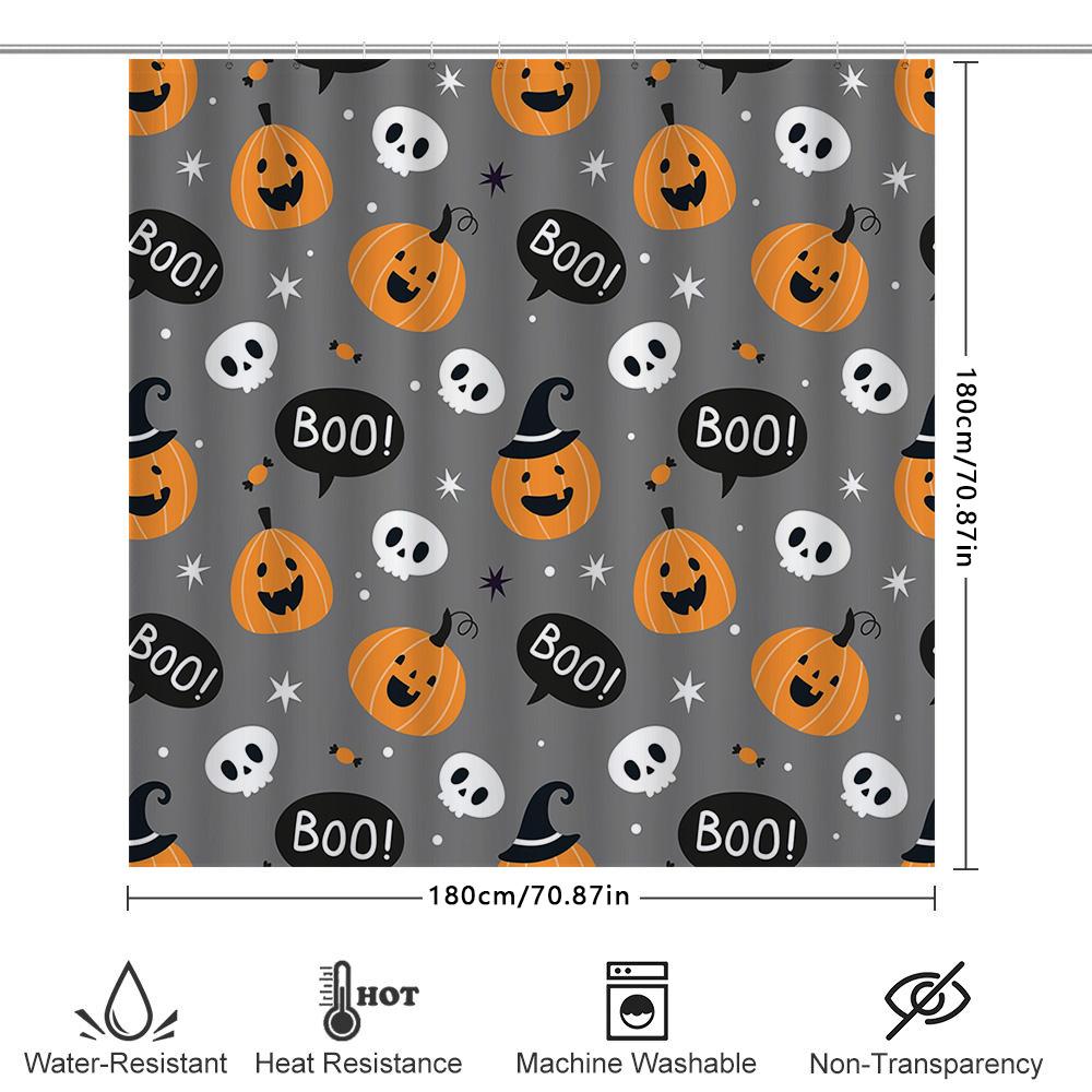 Halloween-Themed Bathroom Curtains Featuring Pumpkins, Skulls, And Ghost Faces Waterproof Fabric Suitable For Use In Bathtubs Or