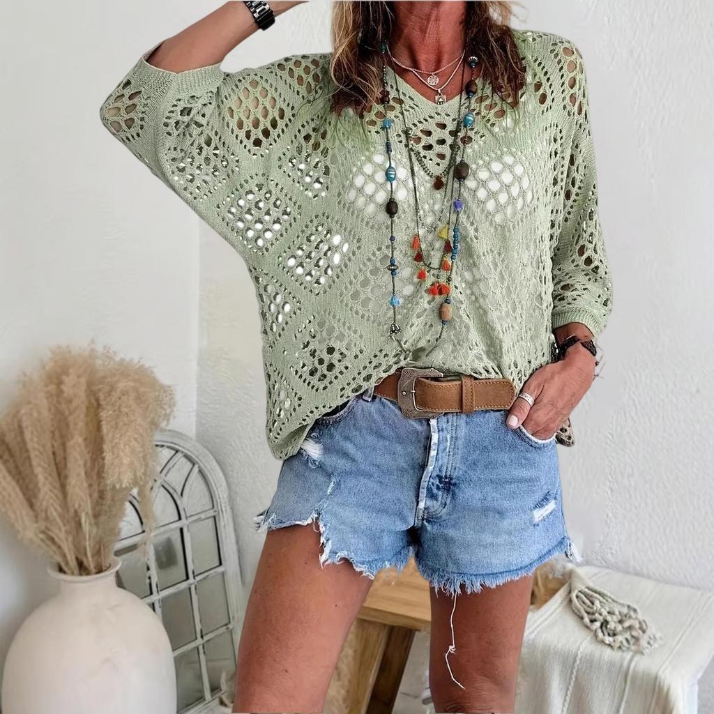 Women's V-neck Diamond-shaped Openwork Sleeve Sweater Cardigan Knitted Top