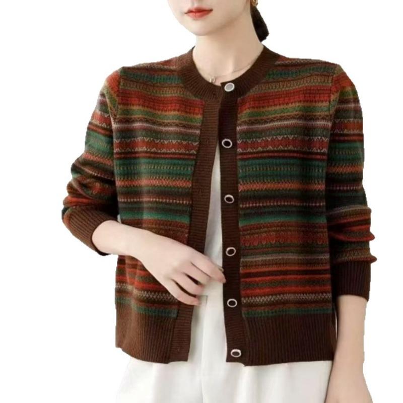 Spring New Word Collar Contrasting Color Buckle Loose Color Bar Fashion Casual Knitted Jacket Cardigan Sweater Women