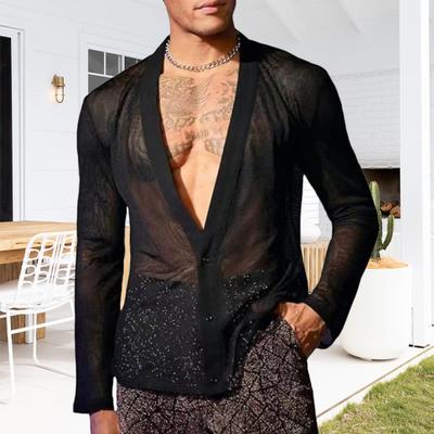 Men Club Shirt Ultra Thin See-through Mesh V Neck Button-down Long Sleeves Muscular Men Top Party Performance Top