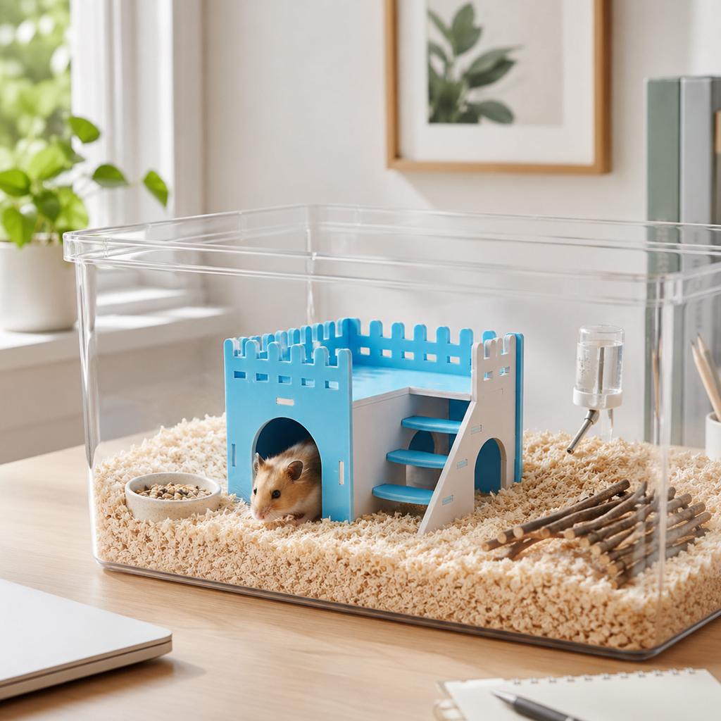 Small Animal Habitat Wooden Castle Style Pet House with Ladder and Fence for Hamsters Gerbils and Small Rodents Indoor Use