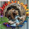 Brown Bear Metal Wall Art, Rustic Woodland Animal Decor, 2D Flat Steel Landscape with River Rocks, Wildlife Scene for Home Living Room