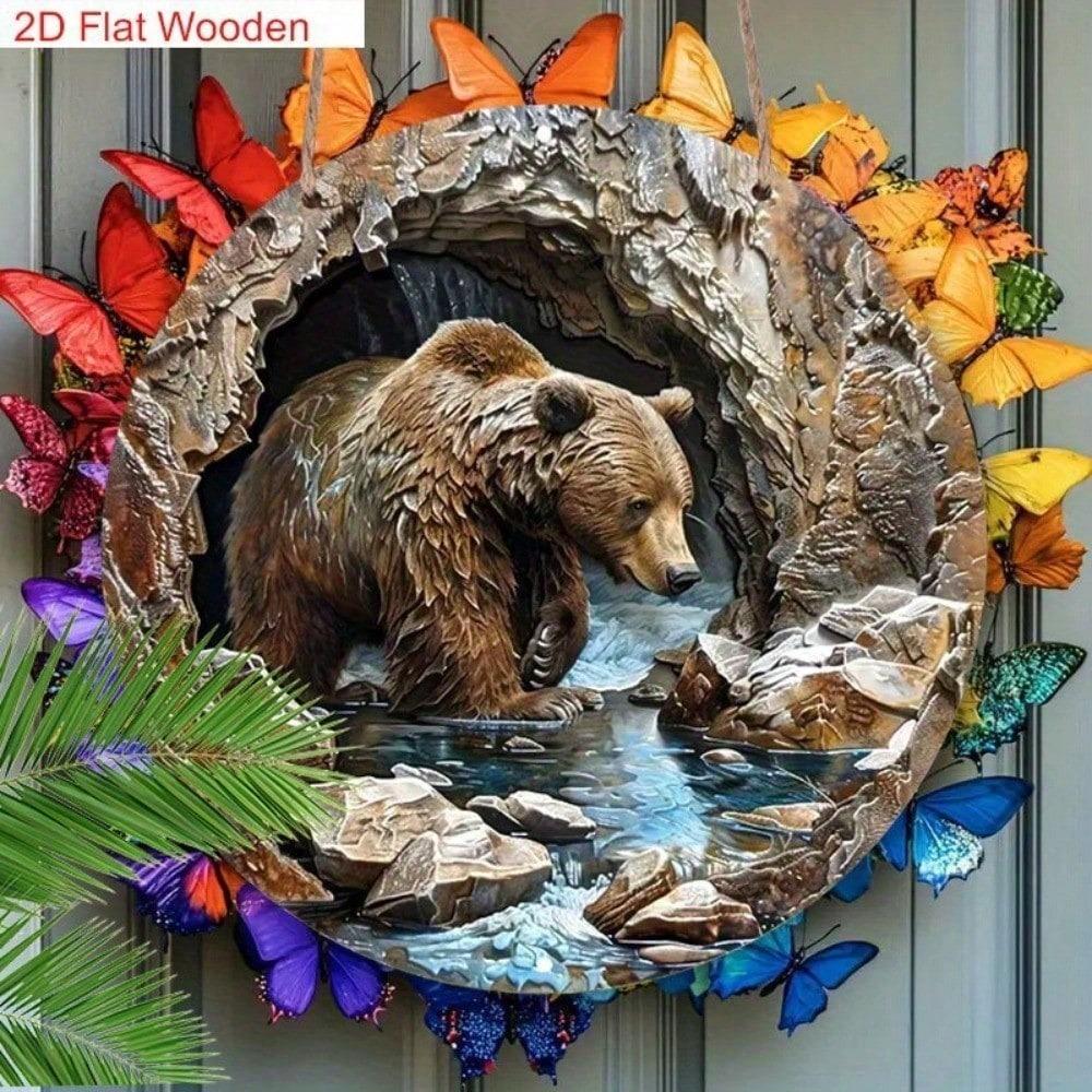 Brown Bear Metal Wall Art, Rustic Woodland Animal Decor, 2D Flat Steel Landscape with River Rocks, Wildlife Scene for Home Living Room