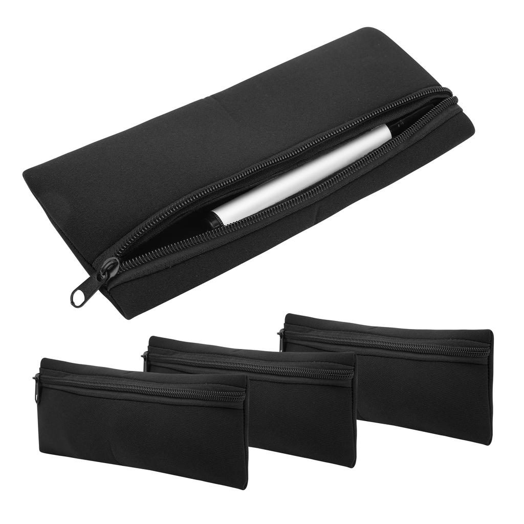 3Pcs Front Zipper Pencil Cases MultiFunction Bag Large Capacity Neoprene Portable Stationery Storage(Black )