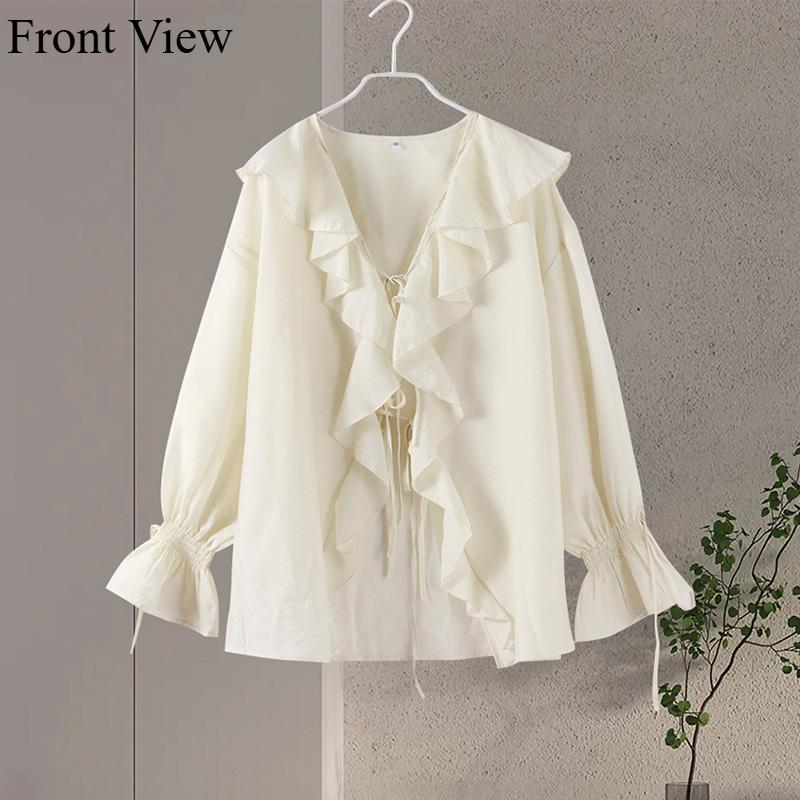Casual Ruffled Shirt Shorts Sets Women Loose Lace Up Hollow Out V Neck Tops High Waist Wide Leg Shorts Lady Suit