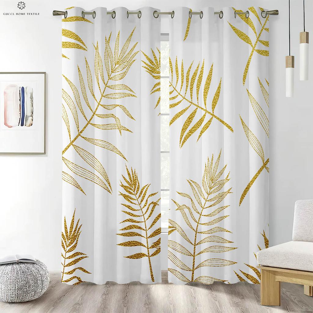 2Pcs Tropical Plant Leaves Printed Curtains 100% Polyester Machine Washable Bedroom Living Room Kitchen Decorative Curtains