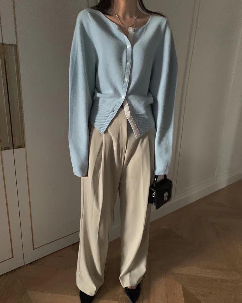 Women's Baby Blue Patchwork Single-Breasted Knitted Cardigan – Korean Style, Autumn Casualwear