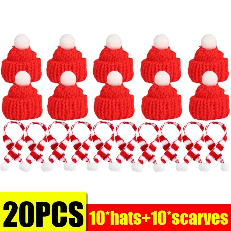 10/50PCS Mini Knitted Santa Hat Scarf Red Christmas Doll Accessories Wine Bottle Cover DIY Craft Xmas Tree Holiday Decoration