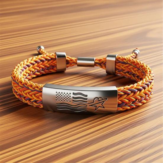 Patriotic American Flag Bracelet Engraved Metal Centerpiece Adjustable Knot Design Wristband Patriotic Accessory