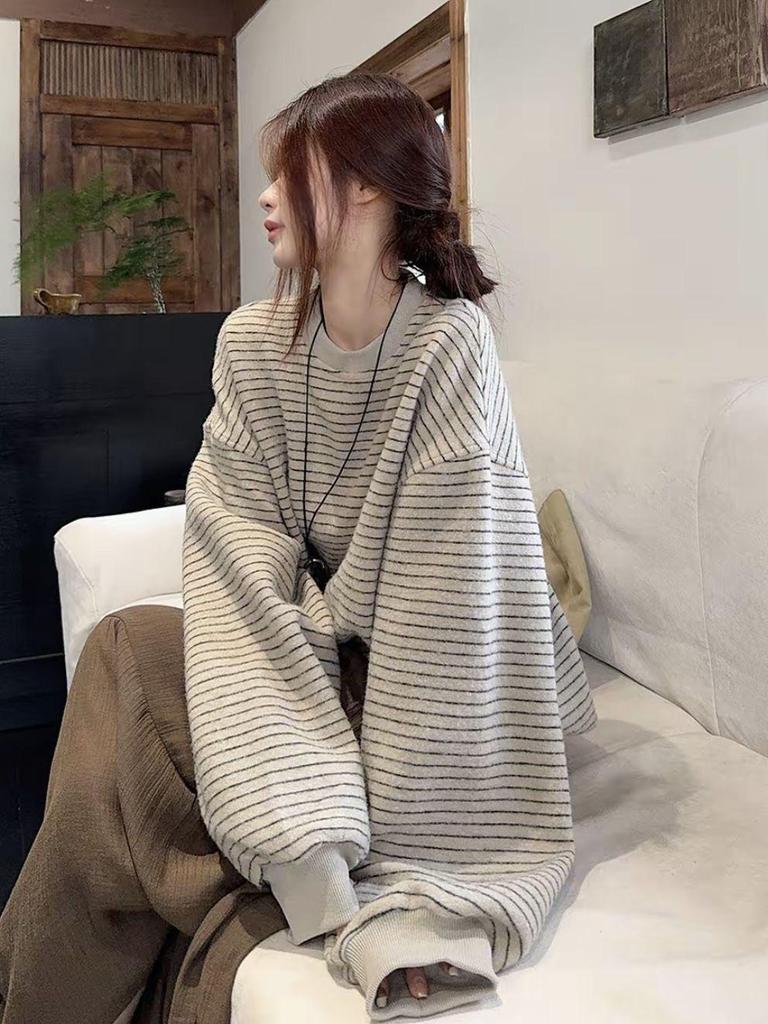 Damen Retro Gestreiftes Rundhals Langarm Sweatshirt - 2025 Koreanischer Stil Lockerer Schnitt Herbst/Winter Trend